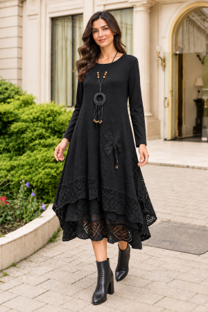 ROCHII LUNGI - Rochie damă neagră stil boho, croșetată din bumbac și vâscoză