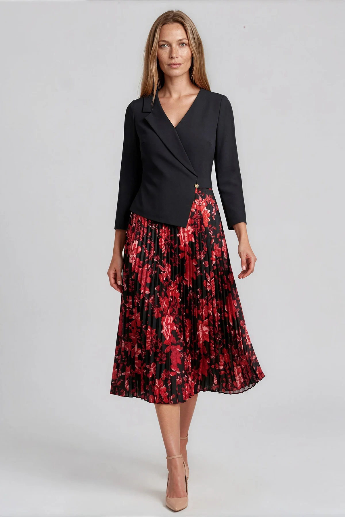ROCHII - Rochie damă VIADA roșie, office-elegantă, cu fustă plisată și imprimeu