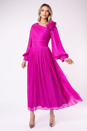 ROCHII ELEGANTE - Rochie de ocazie fucsia mărime mare cu flori 3D