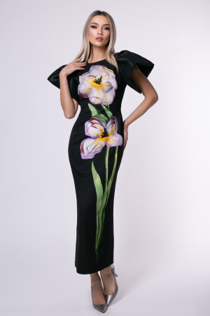 ROCHII DE OCAZIE - Rochie de ocazie neagră accesorizată cu floare 3D