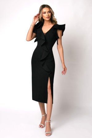 VEZI TOATE NOUTĂȚILE - Rochie de ocazie neagră cu floare 3D pe umăr