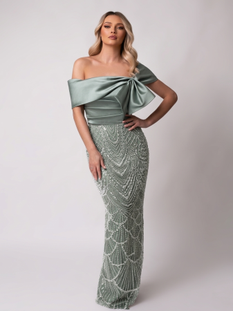 Rochie de ocazie verde mentă satinat accesorizată cu paiete [1]