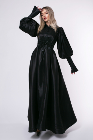 ROCHII ELEGANTE - Rochie de seară lungă neagră cu mâneci bufante
