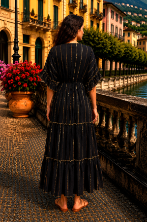 Rochie lungă de vară neagră cu broderie florală aurie [3]