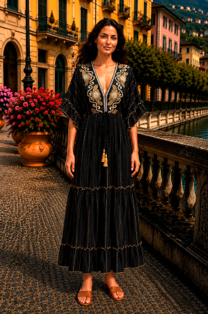 Rochie lungă de vară neagră cu broderie florală aurie [2]