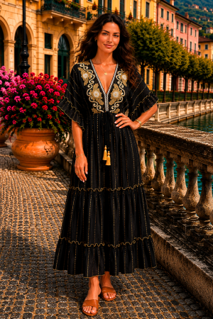 TOATE PRODUSELE - Rochie lungă de vară neagră cu broderie florală aurie