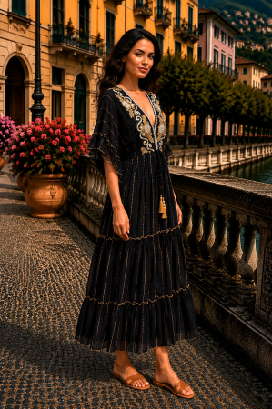 Rochie lungă de vară neagră cu broderie florală aurie [1]