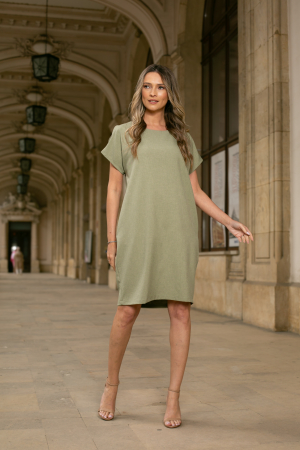 Rochie din in kaki cu mânecă scurtă [1]