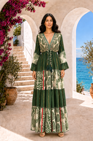 Rochie din vâscoză boho verde cu imprimeu etnic și detalii brodate [1]