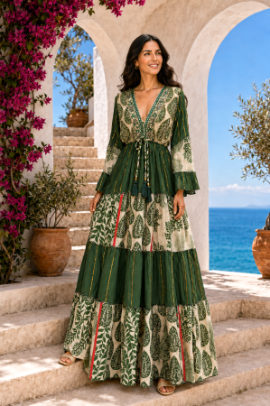 TOATE PRODUSELE - Rochie din vâscoză boho verde cu imprimeu etnic și detalii brodate