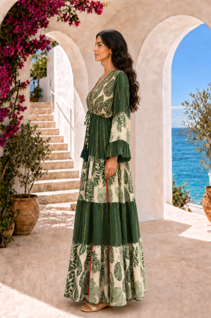Rochie din vâscoză boho verde cu imprimeu etnic și detalii brodate [4]