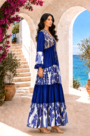 Rochie din vâscoză boho albastră cu imprimeu etnic și detalii brodate [1]