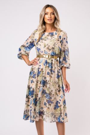 ROCHII DE SEARĂ - Rochie Ela bej din voal cu imprimeu floral