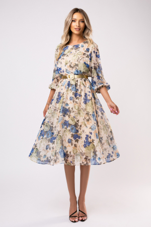Rochie Ela bej din voal cu imprimeu floral [1]