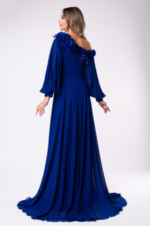 Rochie elegantă albastru regal cu pene și flori 3D [2]