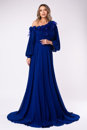 ROCHII DE SEARĂ - Rochie elegantă albastru regal cu pene și flori 3D