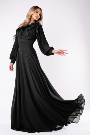 Rochie elegantă neagră cu pene și flori 3D [1]