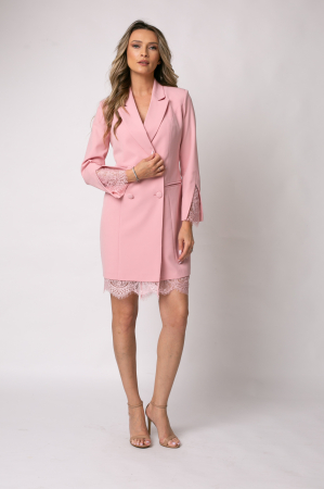 Rochie elegantă roz pudră tip sacou accesorizată cu dantelă [1]