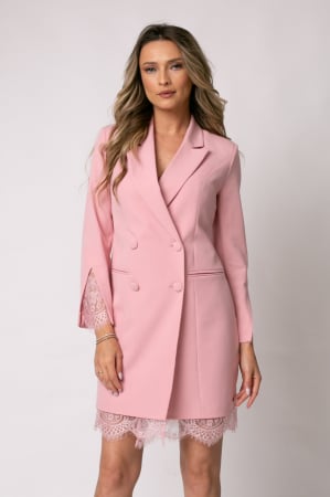 ROCHII DE SEARĂ - Rochie elegantă roz pudră tip sacou accesorizată cu dantelă