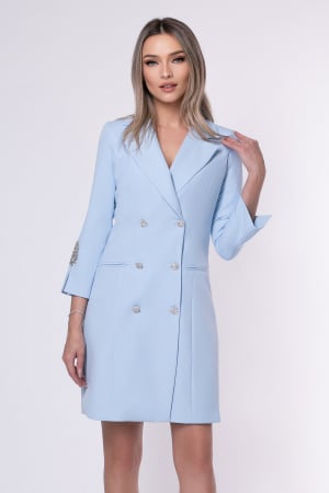 ROCHII DE SEARĂ - Rochie elegantă bleu tip sacou accesorizată pe mânecă