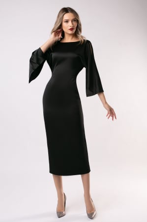 ROCHII - Rochie elegantă din satin neagră cu mâneci largi