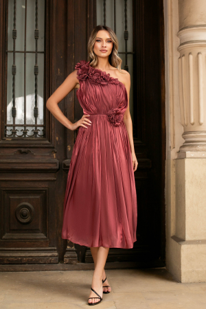 ROCHII DE OCAZIE - Rochie eleganta maro mărime mare cu flori 3D