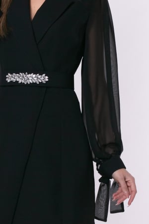 Rochie elegantă neagră tip sacou cu mâneci din voal și curea accesorizată [6]