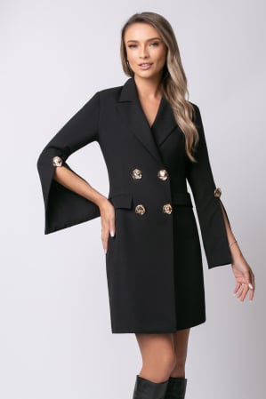 ROCHII - Rochie elegantă neagră tip sacou accesorizată pe mânecă