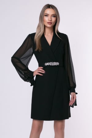 ROCHII DE OCAZIE - Rochie elegantă neagră tip sacou cu mâneci din voal și curea accesorizată