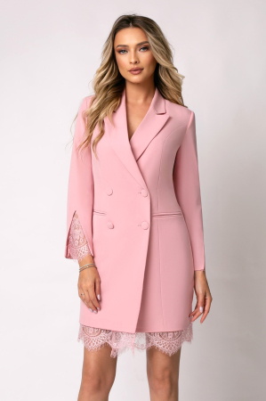 ȚINUTE OFFICE - Rochie elegantă roz pudră tip sacou accesorizată cu dantelă