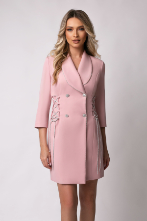 ROCHII DE BOTEZ - Rochie elegantă roz pudră tip sacou accesorizată cu șnur argintiu