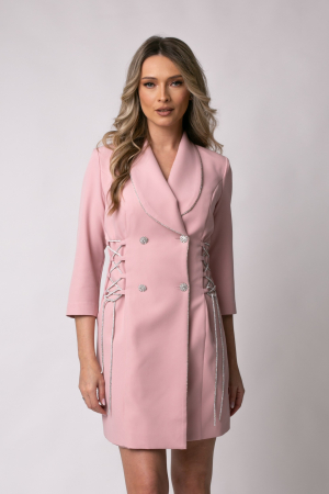 ROCHII - Rochie elegantă roz pudră tip sacou accesorizată cu șnur argintiu