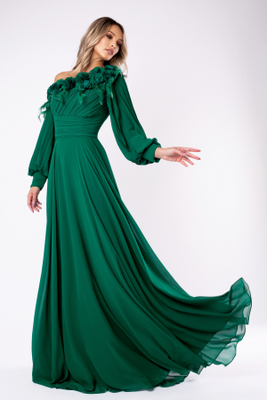 ROCHII DE SEARĂ - Rochie elegantă verde smarald cu pene și flori 3D