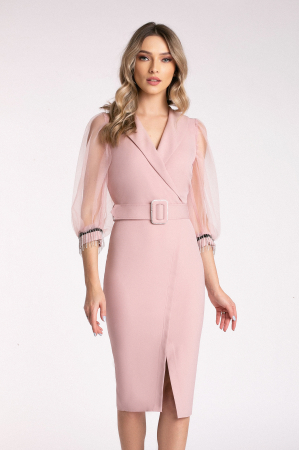 ROCHII ELEGANTE - Rochie Noa de ocazie roz cu accesoriu tip lanț la mâneci