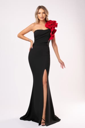 ROCHII ELEGANTE - Rochie Estera elegantă accesorizată cu floare 3D roșie