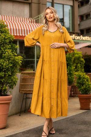 ROCHII BOHO STYLE - Rochie Estrela muștar mărime mare accesorizată cu nasturi