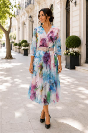TOATE PRODUSELE - Rochie midi din voal cu imprimeu floral pastel și curea în talie