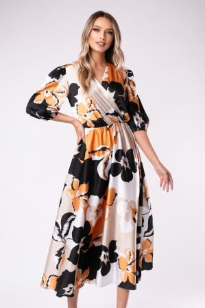 Rochie Eva portocalie cu flori din satin cu mâneci bufante [4]