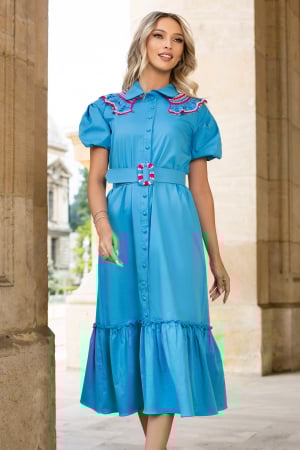 ROCHII BOHO STYLE - Rochie Fernanda albastră accesorizată cu dantelă