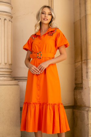 Rochie Fernanda portocalie accesorizată cu dantelă [6]