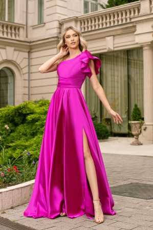 ROCHII DE SEARĂ - Rochie Fiore fucsia cu volan 3D pe umăr