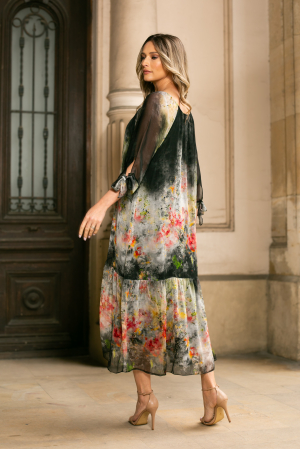 Rochie neagră de vară din mătase naturală cu imprimeu abstract [2]