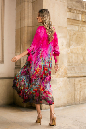 Rochie fucsia de vară din mătase naturală cu imprimeu abstract [2]
