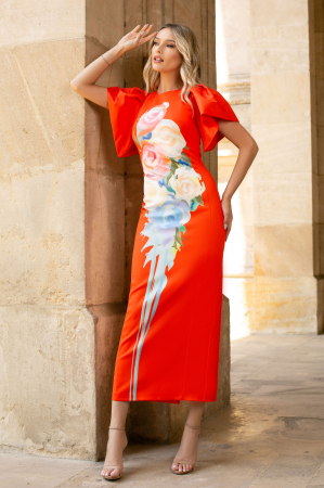 ROCHII ELEGANTE - Rochie Hera portocalie cu mâneci bufante