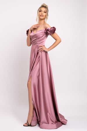 Rochie Hera roz pudră de ocazie accesorizată cu flori 3D [1]