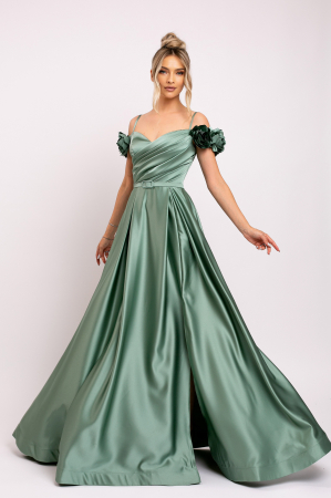 ROCHII DE SEARĂ - Rochie Hera verde de ocazie accesorizată cu flori 3D