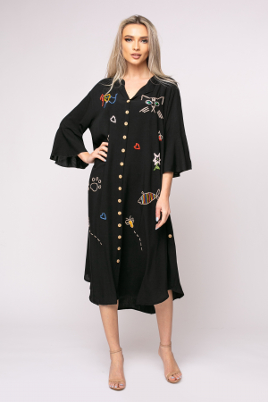 ROCHII BOHO STYLE - Rochie Iustina neagră cu figurine brodate