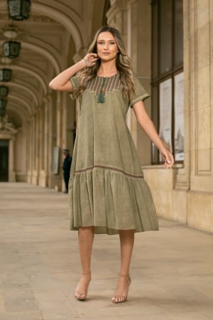 COLECȚIE NOUĂ - Rochie kaki din bumbac cu broderia