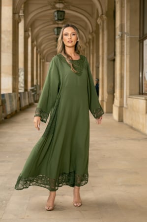 COLECȚIE NOUĂ - Rochie kaki din vâscoză mărime mare accesorizată cu broderie