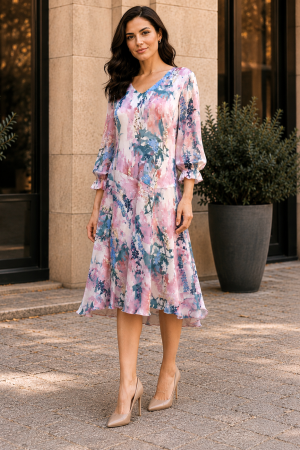 Rochie midi din voal cu imprimeu floral pastel [3]